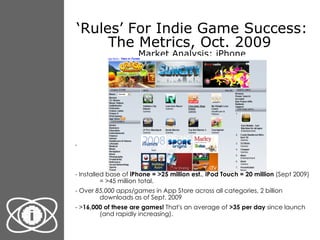 ‘ Rules’ For Indie Game Success: The Metrics, Oct. 2009  Market Analysis: iPhone <ul><li>- Installed base of  iPhone = >25...
