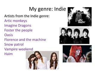 My genre: Indie
Artists from the Indie genre:
Artic monkeys
Imagine Dragons
Foster the people
Oasis
Florence and the machine
Snow patrol
Vampire weekend
Haim

 