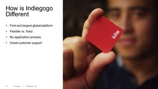 | Indiegogo | Indiegogo Lab5
• First and largest global platform
• Flexible vs. fixed
• No application process
• Great customer support
How is Indiegogo
Different
 