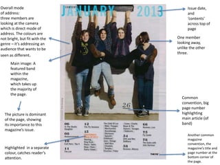 Overall mode 
of address: 
three members are 
looking at the camera 
which is direct mode of 
address. The colours are 
not bright, but fit with the 
genre C its addressing an 
audience that wants to be 
seen as different. 
Main image: A 
featured band 
within the 
magazine, 
which takes up 
the majority of 
the page. 
Issue date, 
and 
contents 
across top of 
page 
One member 
looking away, 
unlike the other 
three. 
Common 
convention, big 
page number 
highlighting 
main article (of 
band) 
The picture is dominant 
of the page, showing 
its importance to this 
magazines issue. 
Highlighted in a separate 
colour, catches readers 
attention. 
Another common 
magazine 
convention, the 
magazines title and 
page number at the 
bottom corner of 
the page. 
 