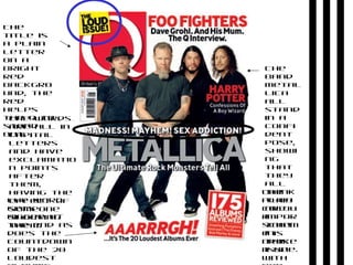 The
title is
a plain
letter
on a
bright
red
backgro
und, the
red
helps
the Q to
stand
out.
The words
are all in
capital
letters
and have
exclamatio
n points
after
them,
having the
effect of
someone
shouting
them.
The word
gets
bigger at
the end as
does the
countdown
of the 20
loudest
The
band
metal
lica
all
stand
in a
confi
dent
pose,
showi
ng
that
they
all
think
they
are
impor
tant
in
this
issue.
The
plain
colou
r
schem
e is
broke
n up
with
 