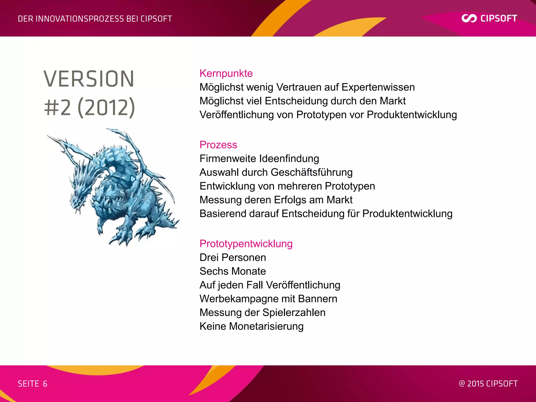 Kernpunkte
Möglichst wenig Vertrauen auf Expertenwissen
Möglichst viel Entscheidung durch den Markt
Veröffentlichung von Prototypen vor Produktentwicklung
Prozess
Firmenweite Ideenfindung
Auswahl durch Geschäftsführung
Entwicklung von mehreren Prototypen
Messung deren Erfolgs am Markt
Basierend darauf Entscheidung für Produktentwicklung
Prototypentwicklung
Drei Personen
Sechs Monate
Auf jeden Fall Veröffentlichung
Werbekampagne mit Bannern
Messung der Spielerzahlen
Keine Monetarisierung
 