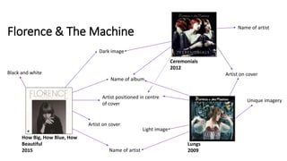 Florence & The Machine
How Big, How Blue, How
Beautiful
2015
Ceremonials
2012
Lungs
2009
Name of album
Name of artist
Artist on cover
Artist positioned in centre
of cover
Light image
Dark image
Black and white
Unique imagery
Artist on cover
Name of artist