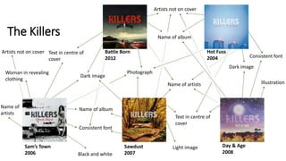 The Killers
Hot Fuss
2004
Sam’s Town
2006
Sawdust
2007
Day & Age
2008
Battle Born
2012
Name of artists
Name of album
Artists not on cover
Photograph
Consistent font
Text in centre of
cover
Black and white
Woman in revealing
clothing
Illustration
Dark image
Light image
Dark image
Name of album
Text in centre of
cover
Consistent font
Artists not on cover
Name of
artists
 