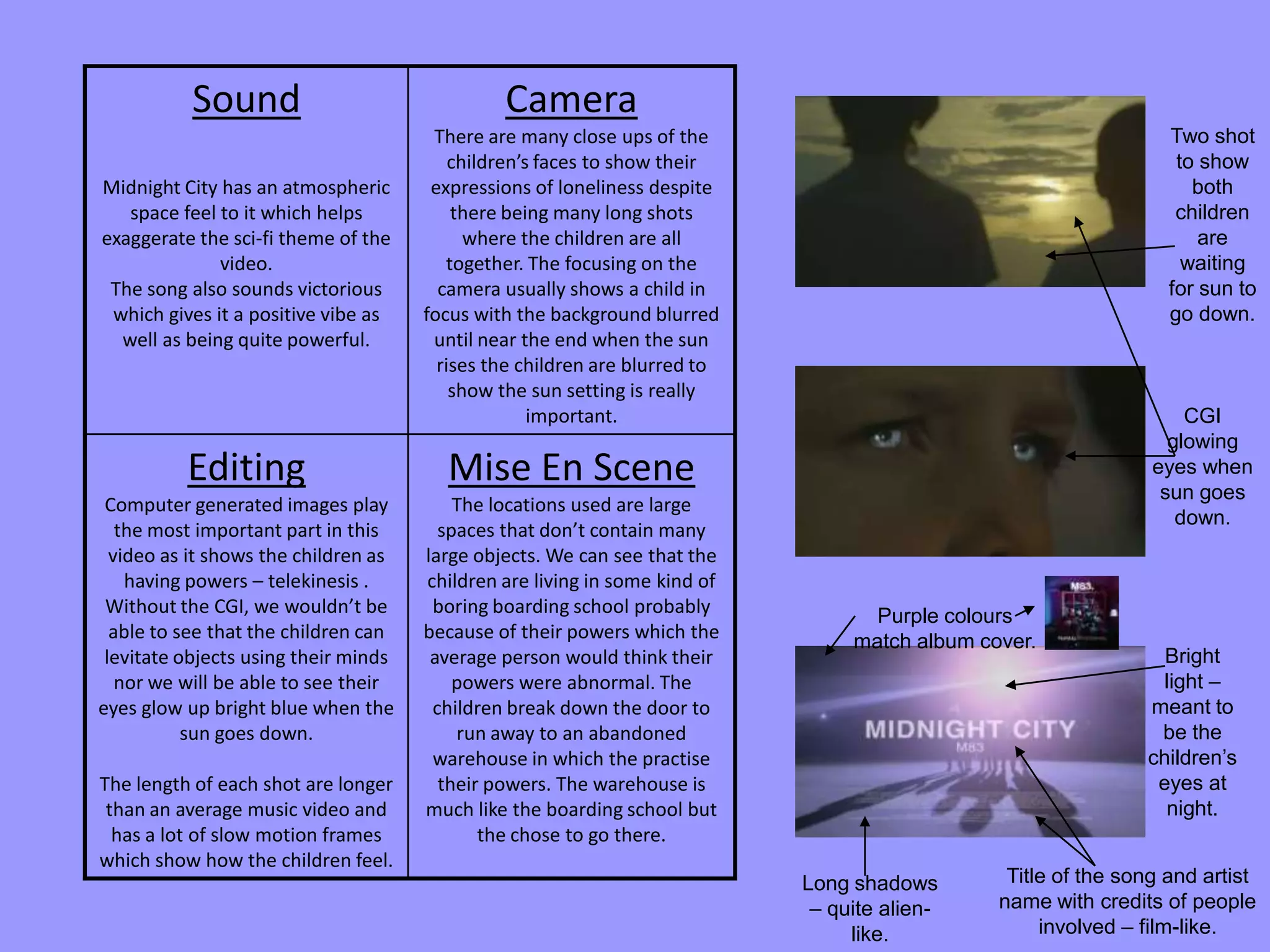 Sound
Midnight City has an atmospheric
space feel to it which helps
exaggerate the sci-fi theme of the
video.
The song also sounds victorious
which gives it a positive vibe as
well as being quite powerful.
Camera
There are many close ups of the
children’s faces to show their
expressions of loneliness despite
there being many long shots
where the children are all
together. The focusing on the
camera usually shows a child in
focus with the background blurred
until near the end when the sun
rises the children are blurred to
show the sun setting is really
important.
Editing
Computer generated images play
the most important part in this
video as it shows the children as
having powers – telekinesis .
Without the CGI, we wouldn’t be
able to see that the children can
levitate objects using their minds
nor we will be able to see their
eyes glow up bright blue when the
sun goes down.
The length of each shot are longer
than an average music video and
has a lot of slow motion frames
which show how the children feel.
Mise En Scene
The locations used are large
spaces that don’t contain many
large objects. We can see that the
children are living in some kind of
boring boarding school probably
because of their powers which the
average person would think their
powers were abnormal. The
children break down the door to
run away to an abandoned
warehouse in which the practise
their powers. The warehouse is
much like the boarding school but
the chose to go there.
CGI
glowing
eyes when
sun goes
down.
Two shot
to show
both
children
are
waiting
for sun to
go down.
Bright
light –
meant to
be the
children’s
eyes at
night.
Purple colours
match album cover.
Long shadows
– quite alien-
like.
Title of the song and artist
name with credits of people
involved – film-like.
 