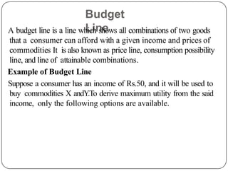 Budget
Line
A budget line is a line which shows all combinations of two goods
that a consumer can afford with a given income and prices of
commodities It is also known as price line, consumption possibility
line, and line of attainable combinations.
Example of Budget Line
Suppose a consumer has an income of Rs.50, and it will be used to
buy commodities X andY
.To derive maximum utility from the said
income, only the following options are available.
 