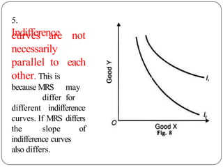 5.
Indifference
curves are not
necessarily
parallel to each
other. This is
because MRS may
differ for
different indifference
curves. If MRS differs
the slope of
indifference curves
also differs.
 
