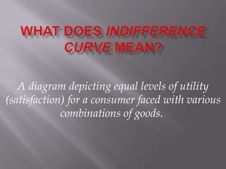 What Does Indifference Curve Mean? A diagram depicting equal levels of utility (satisfaction) for a consumer faced with various combinations of goods.  