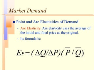 Market Demand
 Point and Arc Elasticities of Demand
• Arc Elasticity: Arc elasticity uses the average of
the initial and final price as the original.
• Its formula is:
)
/Q
P
P)(
Q/
(
EP 


 