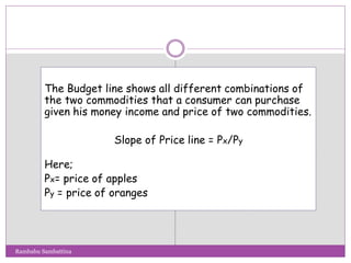 The Budget line shows all different combinations of
the two commodities that a consumer can purchase
given his money income and price of two commodities.
Slope of Price line = Px/Py
Here;
Px= price of apples
Py = price of oranges
Rambabu Sambattina
 