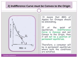 It means that MRS of
Apples for Oranges should
be diminishing.
If at the point of
equilibrium, Indifference
Curve is Concave and not
Convex to the Origin, then
it will not be a position of
permanent equilibrium.
Therefore, a consumer will
be in permanent equilibrium
where both the conditions
are satisfied.
Rambabu Sambattina
 