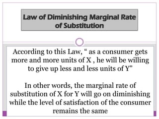 According to this Law, “ as a consumer gets
more and more units of X , he will be willing
to give up less and less units of Y”
In other words, the marginal rate of
substitution of X for Y will go on diminishing
while the level of satisfaction of the consumer
remains the sameRambabu Sambattina
 