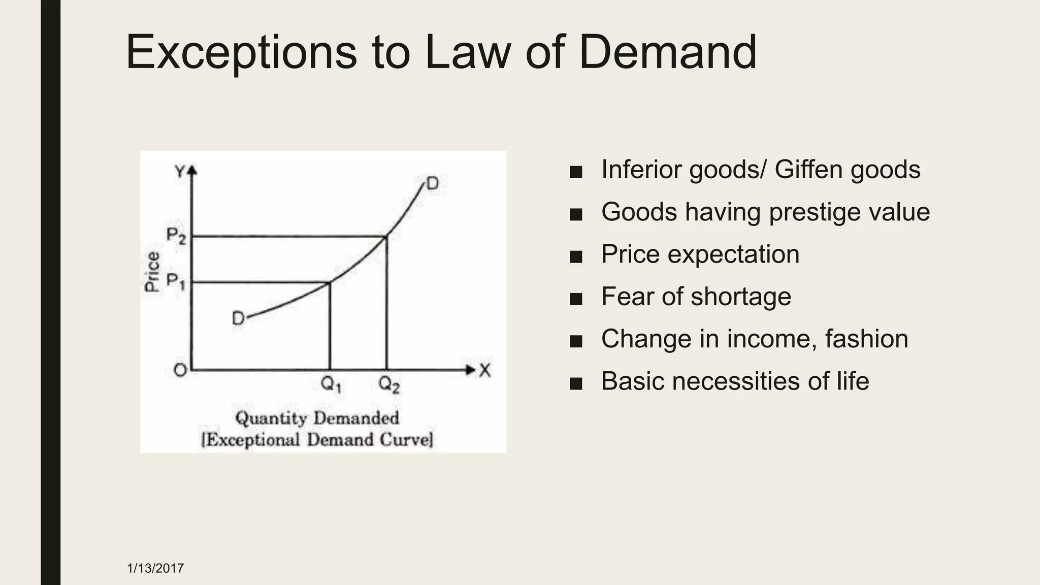 Exceptions to Law of Demand
■ Inferior goods/ Giffen goods
■ Goods having prestige value
■ Price expectation
■ Fear of shortage
■ Change in income, fashion
■ Basic necessities of life
1/13/2017
 