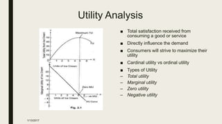 Utility Analysis
■ Total satisfaction received from
consuming a good or service
■ Directly influence the demand
■ Consumers will strive to maximize their
utility
■ Cardinal utility vs ordinal utility
■ Types of Utility
– Total utility
– Marginal utility
– Zero utility
– Negative utility
1/13/2017
 