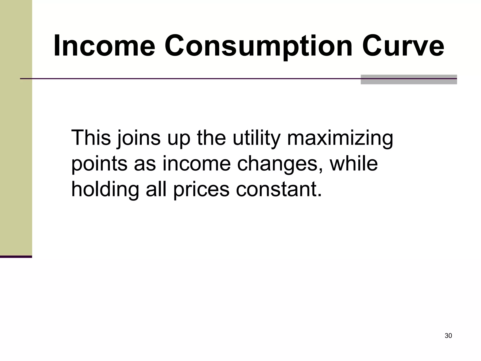 Income Consumption Curve


 This joins up the utility maximizing
 points as income changes, while
 holding all prices constant.




                                        30
 