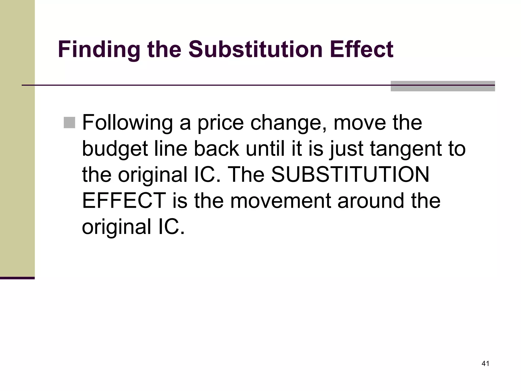 Finding the Substitution Effect


 Following a price change, move the
  budget line back until it is just tangent to
  the original IC. The SUBSTITUTION
  EFFECT is the movement around the
  original IC.




                                                 41
 