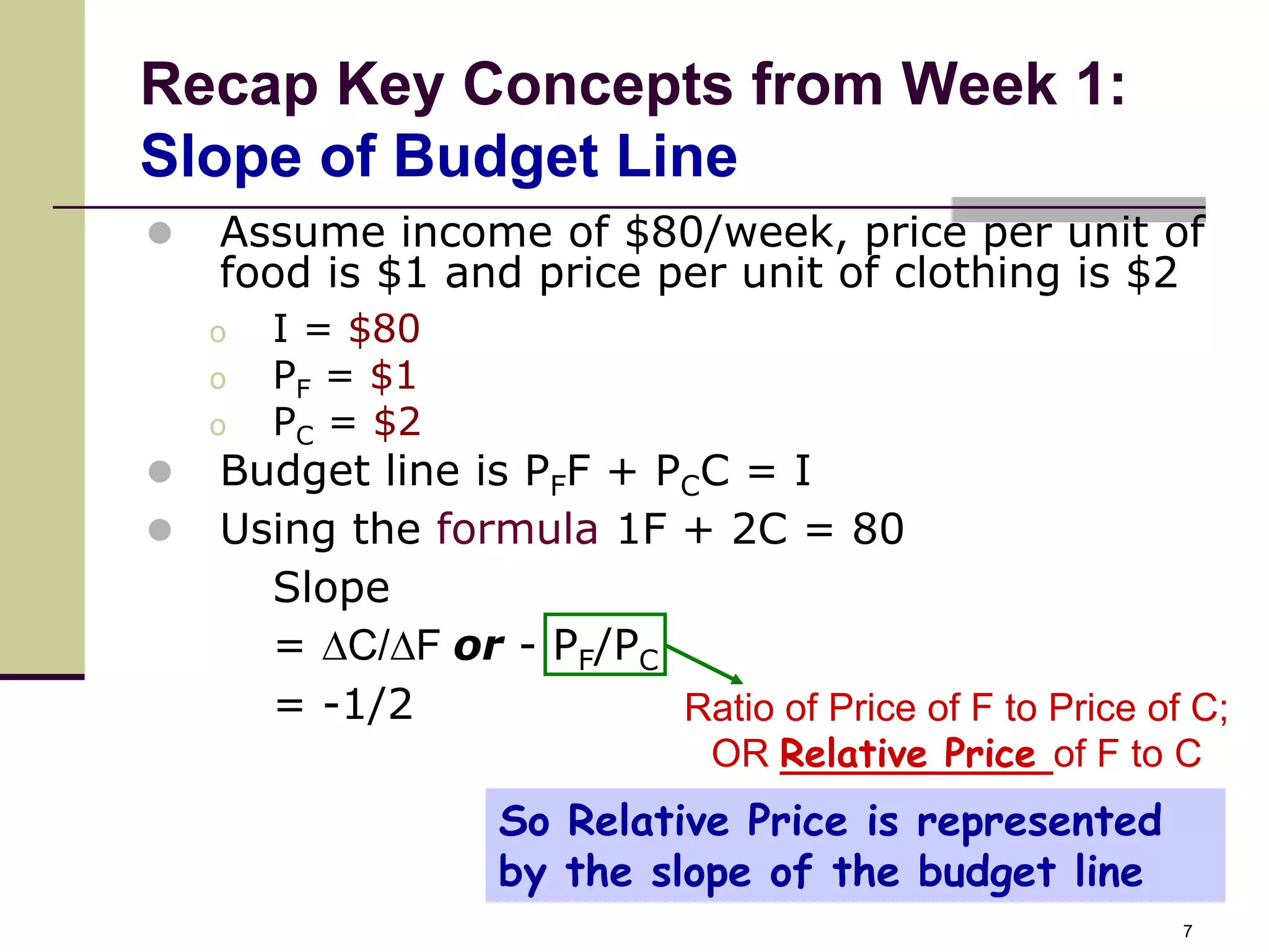 Recap Key Concepts from Week 1:
Slope of Budget Line
   Assume income of $80/week, price per unit of
    food is $1 and price per unit of clothing is $2
    o   I = $80
    o   PF = $1
    o   PC = $2
   Budget line is PFF + PCC = I
   Using the formula 1F + 2C = 80
      Slope
      = C/F or - PF/PC
      = -1/2              Ratio of Price of F to Price of C;
                               OR Relative Price of F to C
                   So Relative Price is represented
                   by the slope of the budget line
                                                         7
 