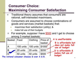 Consumer Choice:
      Maximising Consumer Satisfaction
        Traditional theory assumes that consumers are
         rational, self-interested maximisers.
        Consumers are assumed to choose combinations of
         goods and services (market baskets) that:
            maximise their satisfaction (utility); &
            make full use of their budgets
      For example, suppose I have $500 and I get to choose
         among 3 market baskets:
     Basket Food            Clothing    Price of    A is unaffordable
                                        basket          B is affordable but
                                                        does not make full
     A         100 units 100 units $1000                use of budget
     B         20 units     20 units    $200            D is affordable &
     D         50 units     50 units    $500            makes full use of
                                                        budget
The rational consumer chooses D over A & B.                               11
 