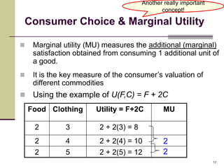 Another really important
                                               concept!

Consumer Choice & Marginal Utility

    Marginal utility (MU) measures the additional (marginal)
     satisfaction obtained from consuming 1 additional unit of
     a good.
    It is the key measure of the consumer’s valuation of
     different commodities
    Using the example of U(F,C) = F + 2C
    Food Clothing       Utility = F+2C          MU

     2         3         2 + 2(3) = 8
     2         4         2 + 2(4) = 10          2
     2         5         2 + 2(5) = 12          2
                                                                   17
 