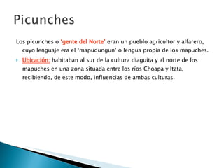 Los picunches o  ‘gente del Norte’  eran un pueblo agricultor y alfarero, cuyo lenguaje era el ‘mapudungun’ o lengua propia de los mapuches. Ubicación:   habitaban al sur de la cultura diaguita y al norte de los mapuches en una zona situada entre los ríos Choapa y Itata, recibiendo, de este modo, influencias de ambas culturas. 