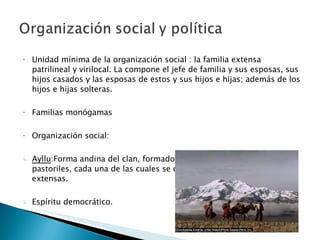 Unidad mínima de la organización social : la familia extensa patrilineal y virilocal. La compone el jefe de familia y sus esposas, sus hijos casados y las esposas de estos y sus hijos e hijas; además de los hijos e hijas solteras.  Familias monógamas Organización social: Ayllu : Forma andina del clan,  formado por un conjunto de aldeas pastoriles, cada una de las cuales se compone de varias familias extensas. Espíritu democrático. 