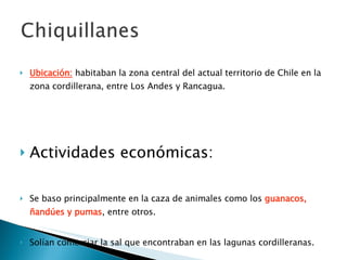 Ubicación:   habitaban la zona central del actual territorio de Chile en la zona cordillerana, entre Los Andes y Rancagua.  Actividades económicas:  Se baso principalmente en la caza de animales como los  guanacos, ñandúes y pumas , entre otros. Solían comerciar la sal que encontraban en las lagunas cordilleranas.           