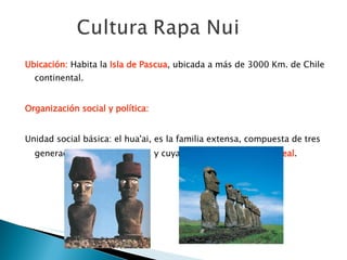 Ubicación:   Habita la  Isla de Pascua , ubicada a más de 3000 Km. de Chile continental.  Organización social y política:  Unidad social básica: el hua'ai, es la familia extensa, compuesta de tres generaciones como mínimo, y cuya descendencia es  patrilineal .   