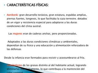 C ARACTERÍSTICAS FÍSICAS:       Aonikenk:  gran desarrollo toráxico, gran estatura, espaldas amplias, piernas fuertes, longevos, lo que facilitaba la caza terrestre. dotados de un vigor y resistencia especial para adaptarse a las duras condiciones del clima austral.      Las   mujeres  eran de caderas anchas, pero proporcionadas.    Adaptados   a las duras condiciones climáticas y ambientales, dependían de su fisico y una educación y alimentación reforzadora de las defensas Desde la infancia eran formados para resistir y acostumbrarse al frío.     metabolismo  de las grasas distinto al del habitante actual, logrando eliminarlas más lentamente, lo que contribuya a la mantención del calor corporal.      