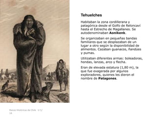 Raíces Históricas de Chile U 1/
14
Tehuelches
Habitaban la zona cordillerana y
patagónica desde el Golfo de Reloncaví
hasta el Estrecho de Magallanes. Se
autodenominaban Aonikenk.
Se organizaban en pequeñas bandas
familiares que se desplazaban de un
lugar a otro según la disponibilidad de
alimentos. Cazaban guanacos, ñandúes
y pumas.
Utilizaban diferentes armas: boleadoras,
hondas, lanzas, arco y flecha.
Eran de elevada estatura (1,80 m), la
que fue exagerada por algunos
exploradores, quienes les dieron el
nombre de Patagones.
 