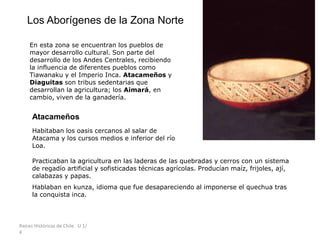 Raíces Históricas de Chile U 1/
4
Los Aborígenes de la Zona Norte
En esta zona se encuentran los pueblos de
mayor desarrollo cultural. Son parte del
desarrollo de los Andes Centrales, recibiendo
la influencia de diferentes pueblos como
Tiawanaku y el Imperio Inca. Atacameños y
Diaguitas son tribus sedentarias que
desarrollan la agricultura; los Aimará, en
cambio, viven de la ganadería.
Atacameños
Habitaban los oasis cercanos al salar de
Atacama y los cursos medios e inferior del río
Loa.
Practicaban la agricultura en las laderas de las quebradas y cerros con un sistema
de regadío artificial y sofisticadas técnicas agrícolas. Producían maíz, frijoles, ají,
calabazas y papas.
Hablaban en kunza, idioma que fue desapareciendo al imponerse el quechua tras
la conquista inca.
 