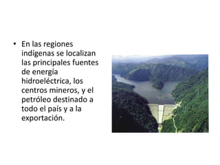 En las regiones indígenas se localizan las principales fuentes de energía hidroeléctrica, los centros mineros, y el petróleo destinado a todo el país y a la exportación.