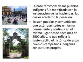La base territorial de los pueblos indígenas fue modificada con la instauración de las haciendas, las cuales afectaron la posesión. Existen pueblos y comunidades que están asentados en forma permanente y continua en el mismo lugar desde hace más de 2500 años, lo que refleja la sustentabilidad histórica de estos pueblos campesinos indígenas con culturas propias.