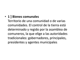 1 ] Bienes comunalesTerritorio de una comunidad o de varias comunidades. El control de la tierra está determinado y regido por la asamblea de comuneros, la que elige a las autoridades tradicionales: gobernadores, principales, presidentes y agentes municipales