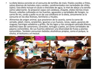 La dieta básica consiste en el consumo de tortillas de maíz, frijoles cocidos o fritos, salsas diversas de tomates rojo y verdes, condimentados con variedades de chiles (ajíes). Esta dieta incluye el cacao o chocolate de agua, la miel de abeja y la vainilla como saborizante. Se preparan sopas con calabaza, chayote, elotes tiernos (maíz fresco), cebollas cultivadas en los huertos, aguacates y variedades de hongos. La carne de res, cerdo y pollo no es de uso cotidiano en la dieta, únicamente se la consume en los días festivos, familiares y rituales. Alimentos de origen animal, que provienen de la cacería, como la carne de venado, jabalí, mono, serpientes, iguanas y sus huevos, ranas, sapos, gusanos de maguey, hormigas voladoras y grillos. De los lagos y ríos consiguen pescado blanco, distintos tipos de camarones, caracoles, tortugas y patos, así como variedades de pájaros comestibles. De sus huertos obtienen una diversidad de frutas y plantas comestibles. También consumen bebidas alcohólicas propias, como el pulque, la chicha, el teshuino y el mezcal.