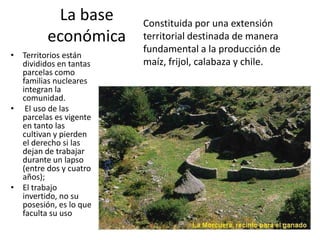 La base económicaConstituida por una extensión territorial destinada de manera fundamental a la producción de maíz, frijol, calabaza y chile. Territorios están divididos en tantas parcelas como familias nucleares integran la comunidad.El uso de las parcelas es vigente en tanto las cultivan y pierden el derecho si las dejan de trabajar durante un lapso (entre dos y cuatro años); El trabajo invertido, no su posesión, es lo que faculta su uso