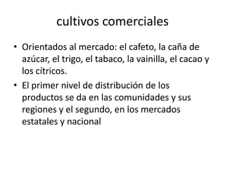 cultivos comercialesOrientados al mercado: el cafeto, la caña de azúcar, el trigo, el tabaco, la vainilla, el cacao y los cítricos. El primer nivel de distribución de los productos se da en las comunidades y sus regiones y el segundo, en los mercados estatales y nacional
