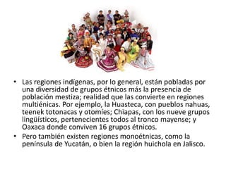 Las regiones indígenas, por lo general, están pobladas por una diversidad de grupos étnicos más la presencia de población mestiza; realidad que las convierte en regiones multiénicas. Por ejemplo, la Huasteca, con pueblos nahuas, teenek totonacas y otomíes; Chiapas, con los nueve grupos lingüísticos, pertenecientes todos al tronco mayense; y Oaxaca donde conviven 16 grupos étnicos.Pero también existen regiones monoétnicas, como la península de Yucatán, o bien la región huichola en Jalisco.