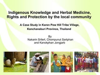 By  Nakarin Srilert, Chompunut Sartphan  and Kanokphan Jongjarb  Indigenous Knowledge and Herbal Medicine, Rights and Protection by the local community  A Case Study in Karen Pow Hill Tribe Village, Kanchanaburi Province, Thailand   