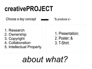 creativePROJECT 1. Research 2. Ownership 3. Copyright 4. Collaboration 5. Intellectual Property 1. Presentation; 2. Poster; & 3. T-Shirt. Choose a key concept To produce a -  about what? 