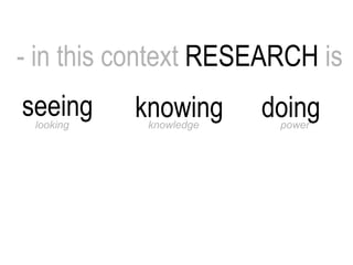 - in this context   RESEARCH  is seeing knowing doing looking knowledge power 