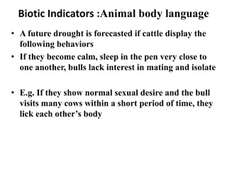 Biotic Indicators :Animal body language 
•A future drought is forecasted if cattle display the following behaviors 
•If th...