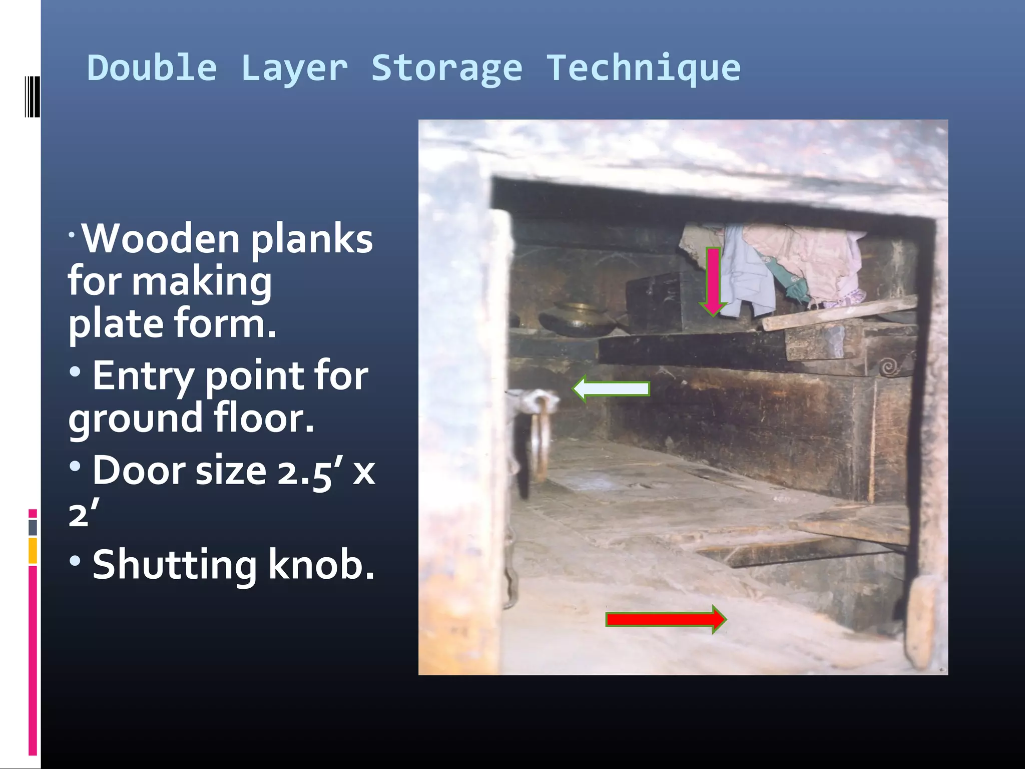 Double Layer Storage Technique



•Wooden planks
for making
plate form.
• Entry point for
ground floor.
• Door size 2.5’ x
2’
• Shutting knob.
 