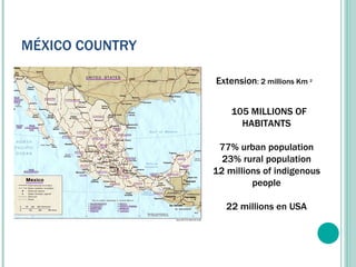MÉXICO COUNTRY Extension : 2 millions Km  2  105 MILLIONS OF HABITANTS 77% urban population 23% rural population 12 millions of indigenous people 22 millions en USA 