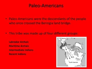 Paleo-AmericansPaleo-Americans were the descendants of the people who once crossed the Beringia land bridge. This tribe was made up of four different groups:Labrador Archaic	Maritime Archaic	Intermediate Indians	Recent Indians