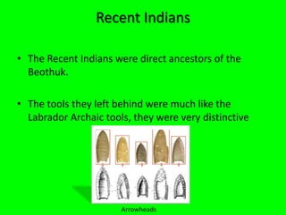 Recent IndiansThe Recent Indians were direct ancestors of the Beothuk. The tools they left behind were much like the Labrador Archaic tools, they were very distinctiveArrowheads