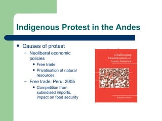 Indigenous Protest in the Andes Causes of protest Neoliberal economic policies Free trade Privatisation of natural resources Free trade: Peru: 2005 Competition from subsidised imports, impact on food security 
