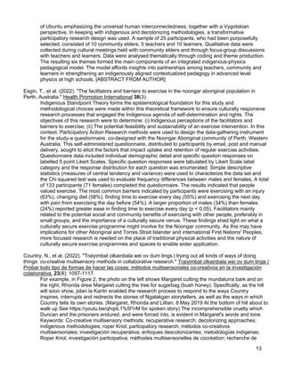 13
of Ubuntu emphasizing the universal human interconnectedness, together with a Vygotskian
perspective. In keeping with indigenous and decolonizing methodologies, a transformative
participatory research design was used. A sample of 25 participants, who had been purposefully
selected, consisted of 10 community elders, 5 teachers and 10 learners. Qualitative data were
collected during cultural meetings held with community elders and through focus-group discussions
with teachers and learners. Data were analysed thematically through coding and theme production.
The resulting six themes formed the main components of an integrated indigenous-physics
pedagogical model. The model affords insights into partnerships among teachers, community and
learners in strengthening an indigenously aligned contextualized pedagogy in advanced level
physics at high schools. [ABSTRACT FROM AUTHOR]
Esgin, T., et al. (2022). "The facilitators and barriers to exercise in the noongar aboriginal population in
Perth, Australia." Health Promotion International 38(3).
Indigenous Standpoint Theory forms the epistemological foundation for this study and
methodological choices were made within this theoretical framework to ensure culturally responsive
research processes that engaged the Indigenous agenda of self-determination and rights. The
objectives of this research were to determine: (i) Indigenous perceptions of the facilitators and
barriers to exercise; (ii) The potential feasibility and sustainability of an exercise intervention. In this
context, Participatory Action Research methods were used to design the data-gathering instrument
for the study-a questionnaire, co-designed with the Noongar Aboriginal community of Perth, Western
Australia. This self-administered questionnaire, distributed to participants by email, post and manual
delivery, sought to elicit the factors that impact uptake and retention of regular exercise activities.
Questionnaire data included individual demographic detail and specific question responses on
labelled 5 point Likert Scales. Specific question responses were tabulated by Likert Scale label
category and the response distribution for each question was enumerated. Simple descriptive
statistics (measures of central tendency and variance) were used to characterize the data set and
the Chi squared test was used to evaluate frequency differences between males and females. A total
of 133 participants (71 females) completed the questionnaire. The results indicated that people
valued exercise. The most common barriers indicated by participants were exercising with an injury
(63%), changing diet (58%), finding time to exercise every day (55%) and exercising the next day
with pain from exercising the day before (54%). A larger proportion of males (34%) than females
(24%) reported greater ease in finding time to exercise every day (p < 0.05). Facilitators mainly
related to the potential social and community benefits of exercising with other people, preferably in
small groups, and the importance of a culturally secure venue. These findings shed light on what a
culturally secure exercise programme might involve for the Noongar community. As this may have
implications for other Aboriginal and Torres Strait Islander and international First Nations' Peoples,
more focused research is needed on the place of traditional physical activities and the nature of
culturally secure exercise programmes and spaces to enable wider application.
Country, N., et al. (2022). "Traiyimbat olkainbala wei ov dum tings | trying out all kinds of ways of doing
things: co-creative multisensory methods in collaborative research." Traiyimbat olkainbala wei ov dum tings |
Probar todo tipo de formas de hacer las cosas: métodos multisensoriales co-creativos en la investigación
colaborativa. 23(8): 1097-1117.
For example, in Figure 2, the photo on the left shows Margaret cutting the mundalurra bark and on
the right, Rhonda drew Margaret cutting the tree for sugarbag (bush honey). Specifically, as the hill
will soon show, jidan la Kantri enabled the research process to respond to the ways Country
inspires, interrupts and redirects the stories of Ngalakgan storytellers, as well as the ways in which
Country tells its own stories. (Margaret, Rhonda and Lillian, 8 May 2019 At the bottom of hill about to
walk up See https://youtu.be/qhqiiL1%5f1rM for spoken story) The incomprehensible cruelty which
Duncan and the prisoners endured, and were forced into, is evident in Margaret's words and tone.
Keywords: Co-creative multisensory methods; recuperative research; decolonizing approaches;
indigenous methodologies; roper Kriol; participatory research; métodos co-creativos
multisensoriales; investigación recuperativa; enfoques descolonizantes; metodologías indígenas;
Roper Kriol; investigación participativa; méthodes multisensorielles de cocréation; recherche de
 