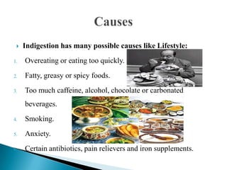  Indigestion has many possible causes like Lifestyle:
1. Overeating or eating too quickly.
2. Fatty, greasy or spicy foods.
3. Too much caffeine, alcohol, chocolate or carbonated
beverages.
4. Smoking.
5. Anxiety.
6. Certain antibiotics, pain relievers and iron supplements.
 