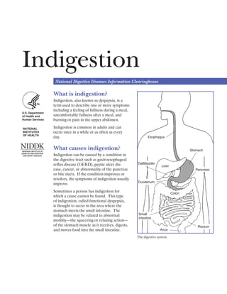 Indigestion

National Digestive Diseases Information Clearinghouse

What is indigestion?
U.S. Department
of Health and
Human Services
NATIONAL
INSTITUTES
OF HEALTH

Indigestion, also known as dyspepsia, is a
term used to describe one or more symptoms
including a feeling of fullness during a meal,
uncomfortable fullness after a meal, and
burning or pain in the upper abdomen.
Indigestion is common in adults and can
occur once in a while or as often as every
day.

Esophagus

What causes indigestion?
Indigestion can be caused by a condition in
the digestive tract such as gastroesophageal
reflux disease (GERD), peptic ulcer dis­
ease, cancer, or abnormality of the pancreas
or bile ducts. If the condition improves or
resolves, the symptoms of indigestion usually
improve.
Sometimes a person has indigestion for
which a cause cannot be found. This type
of indigestion, called functional dyspepsia,
is thought to occur in the area where the
stomach meets the small intestine. The
indigestion may be related to abnormal
motility—the squeezing or relaxing action—
of the stomach muscle as it receives, digests,
and moves food into the small intestine.

Stomach

Gallbladder

Liver

Pancreas

Duodenum
Colon

Small
intestine
Anus
The digestive system.

Rectum

 