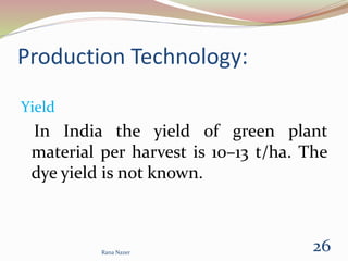 Production Technology:
Yield
In India the yield of green plant
material per harvest is 10–13 t/ha. The
dye yield is not known.
Rana Nazer
26
 